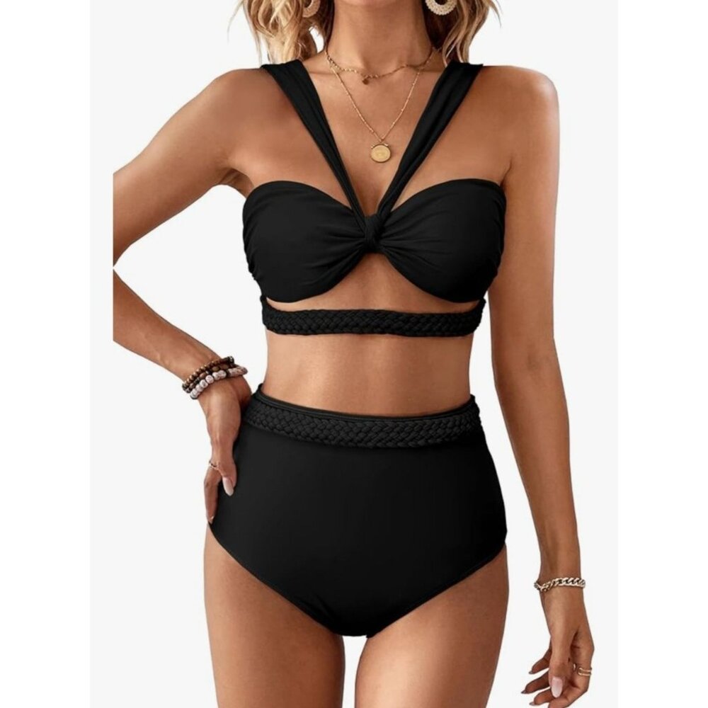 Womens Black High-Waisted Bikini Set With Braided Detailing Med Swimsuit Beach